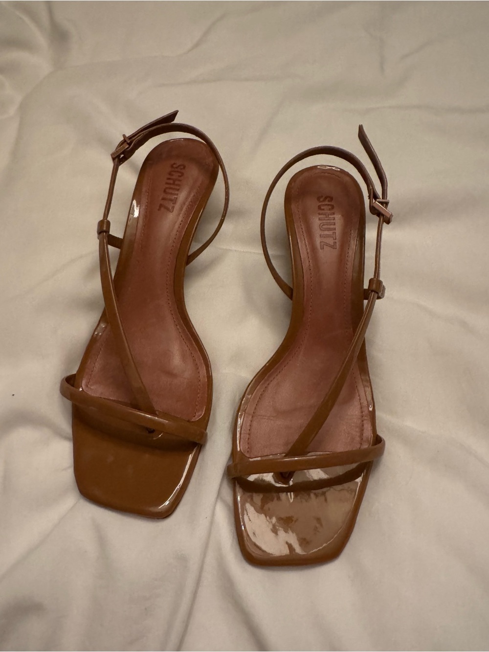 SCHUTZ Tan Patent Strappy Square-Toe Heeled Sandals